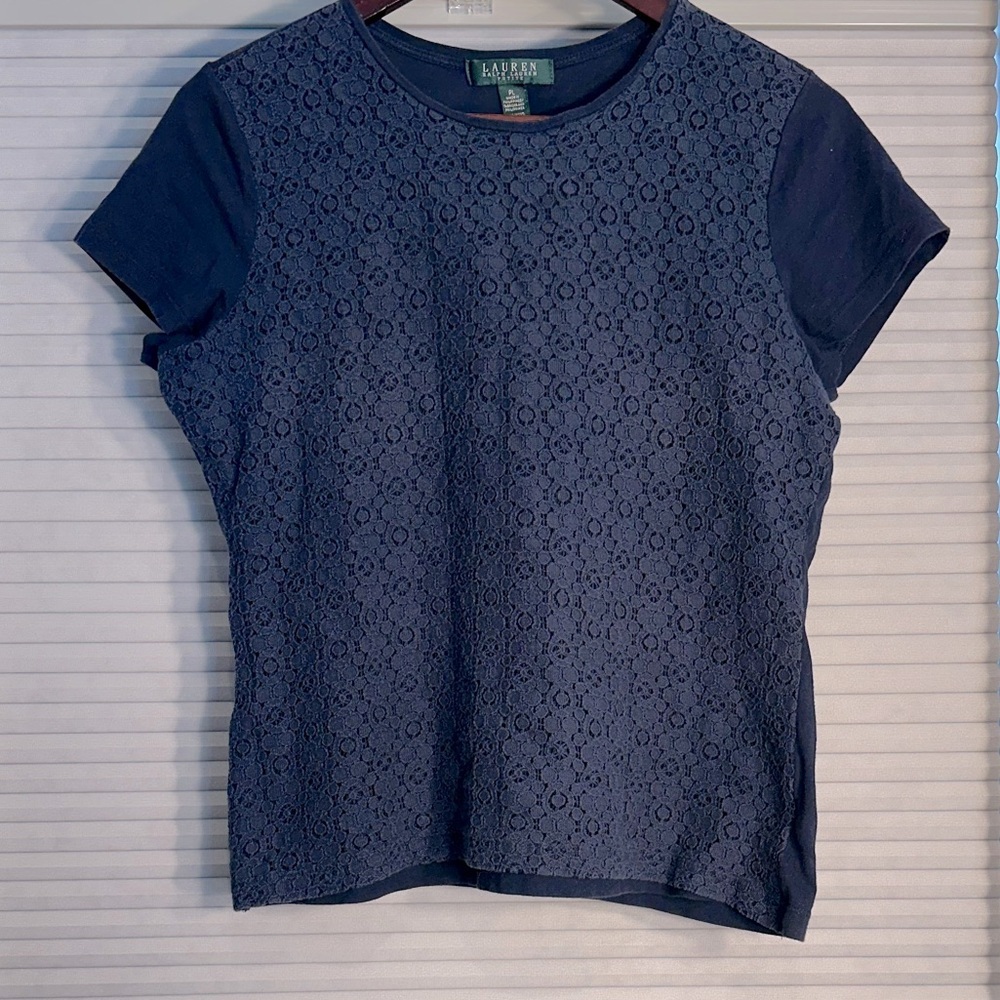 Lauren Ralph Lauren navy t-shirt with lace overlay J-12